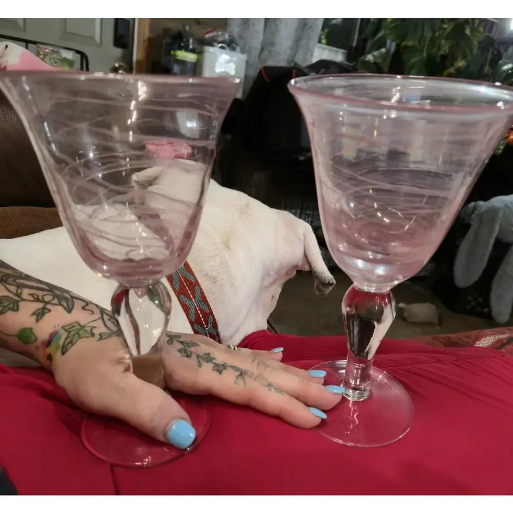 (2) Artland Iris PINK Swirled Hand Blown Water/Wine Goblets Glasses 8” Tall